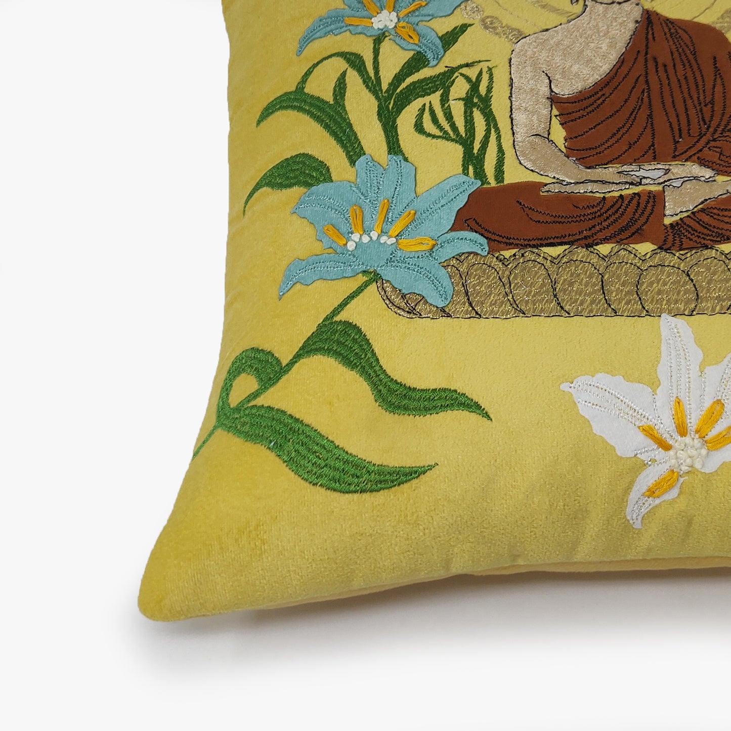 Meditating Buddha - Yellow Velvet & Embroidered Cushion Cover