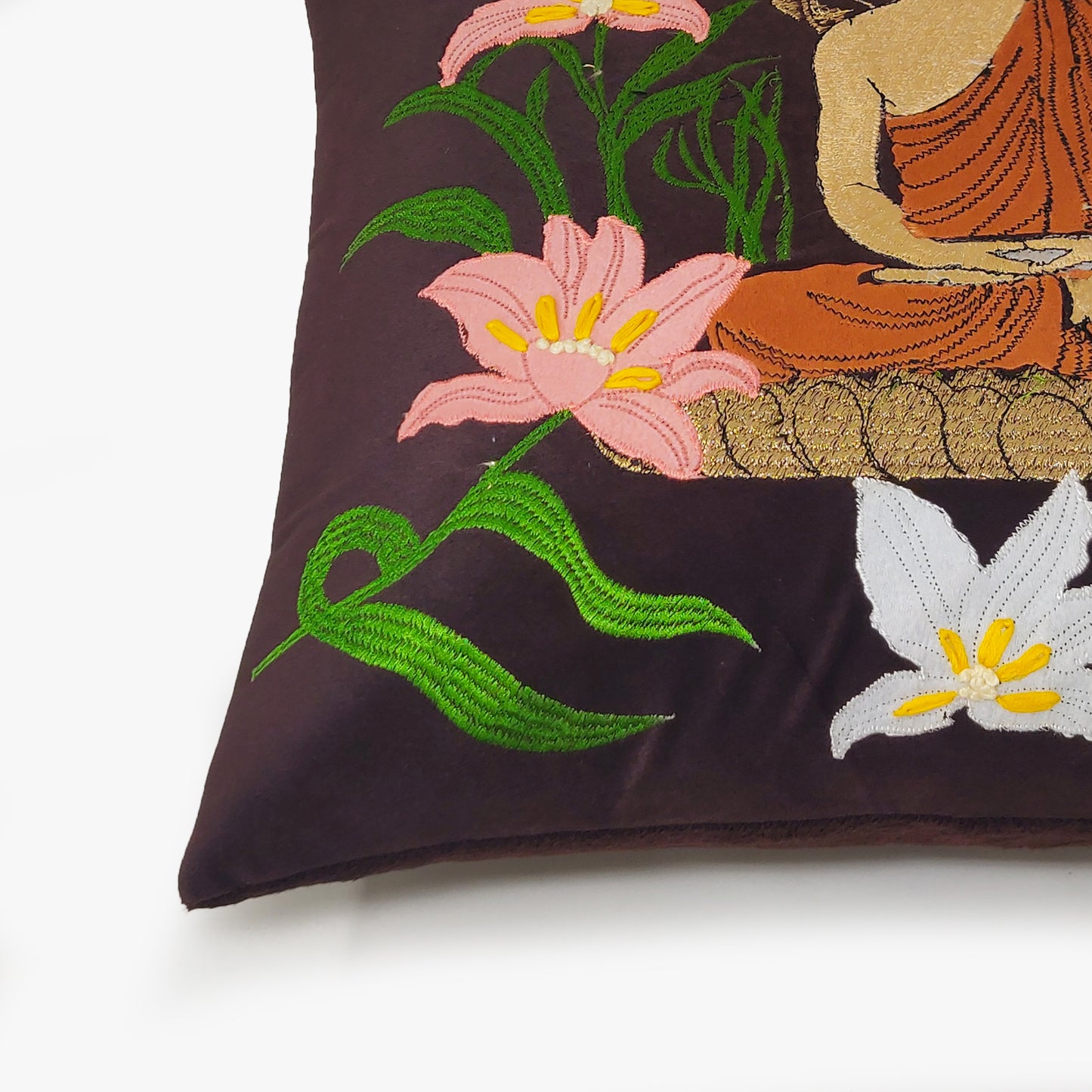 Meditating Buddha - Deep Espresso Velvet & Embroidered Cushion Cover