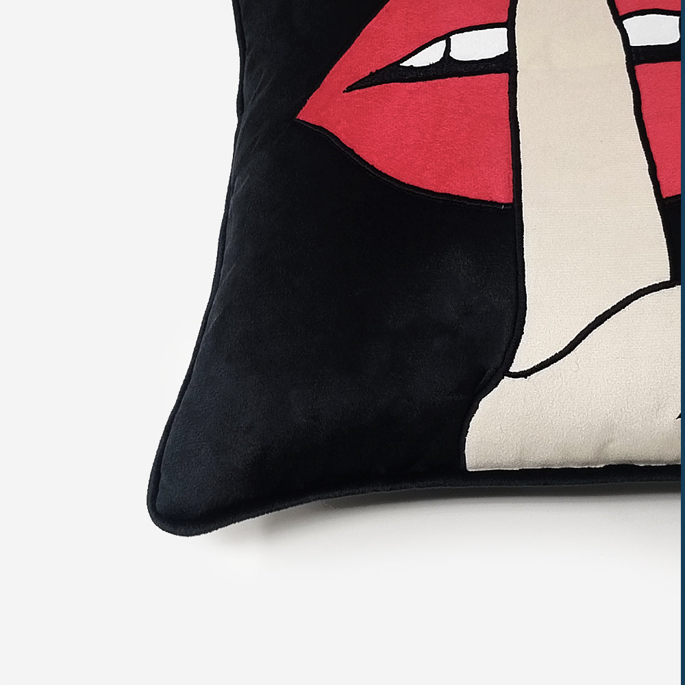 Black Velvet & Appliqué 'Shhh' Lips Cushion Cover