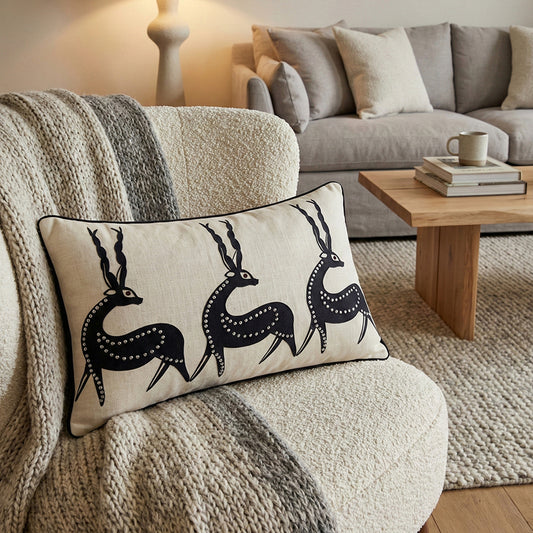 Cream Linen & Black Tribal Deer Lumbar Cushion Cover