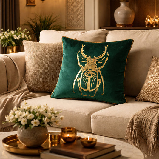 Emerald Green Gold Stag Beetle Velvet Cushion Cover, 16x16 inch