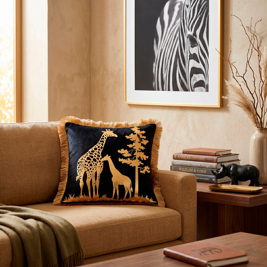 Giraffe Animal Print Gold Foil Velvet Cushion Cover, 16x16 inch