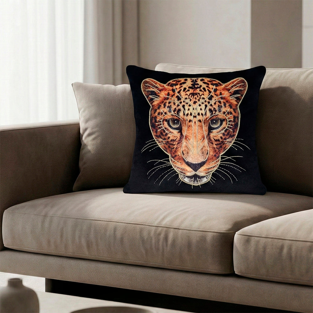 Leopard Portrait Embroidered Velvet Cushion Cover, 16x16 inch
