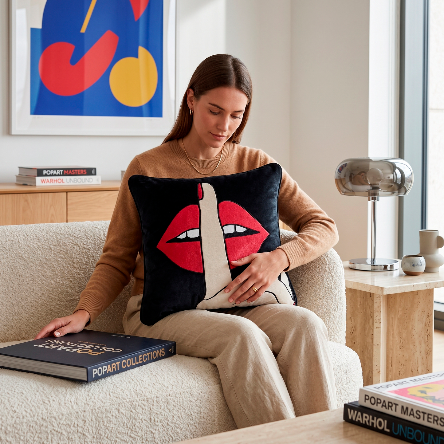 Quirky Shhh Lips Red Velvet Cushion Cover, 16x16 inch