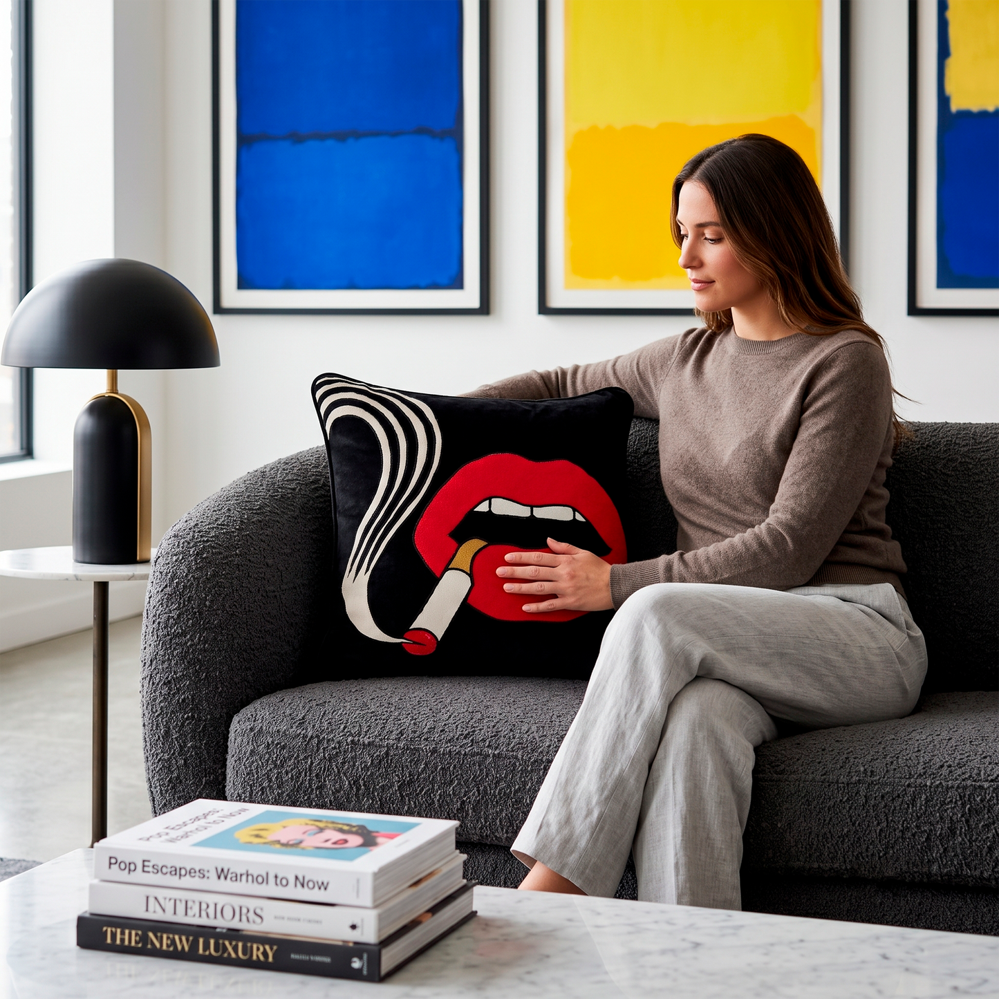 Smoking Lips Red Quirky Velvet Cushion Cover, 16x16 inch