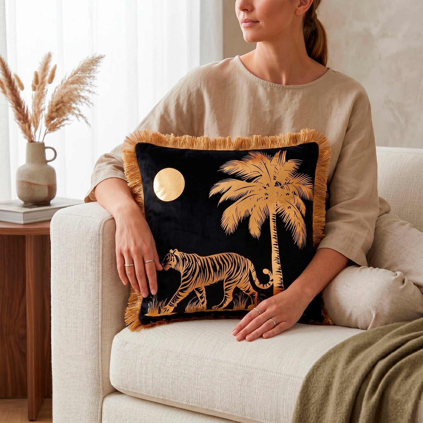 Tiger Animal Print Gold Foil Velvet Cushion Cover, 16x16 inch