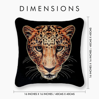 Jawai - Black Velvet & Embroidered Leopard Portrait Cushion Cover