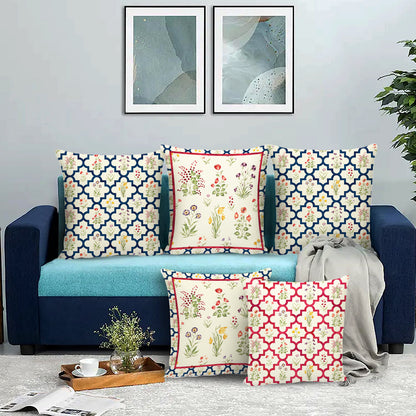 Fusion Floral & Jharokha Printed Cushion Cover Set of 5