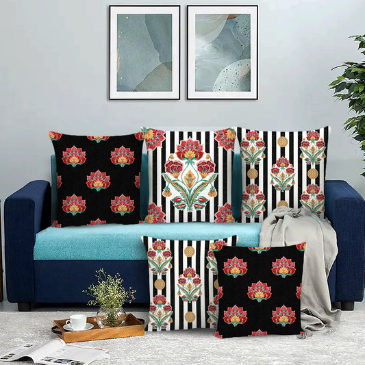 Fusion Floral & Stripes Printed Cushion Cover Set of 5