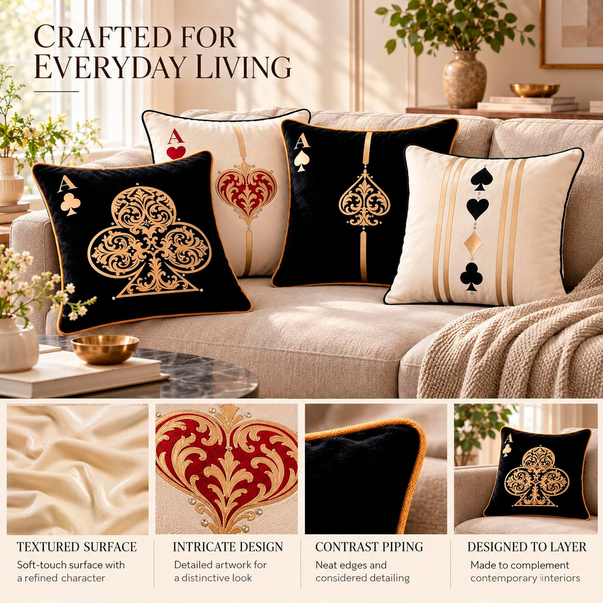 Casino Royale Velvet Cushion Cover (Set of 5), 16"x16"