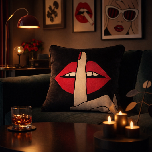 Black Velvet & Appliqué 'Shhh' Lips Cushion Cover