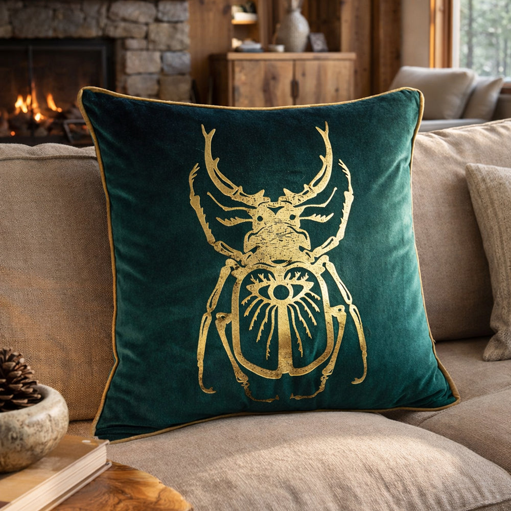 Stag Beetle - Emerald Green Velvet & Gold Cushion Cover