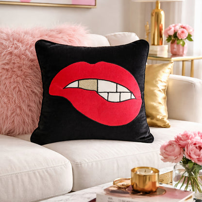 Black Velvet & Appliqué 'Biting Lips' Cushion Cover