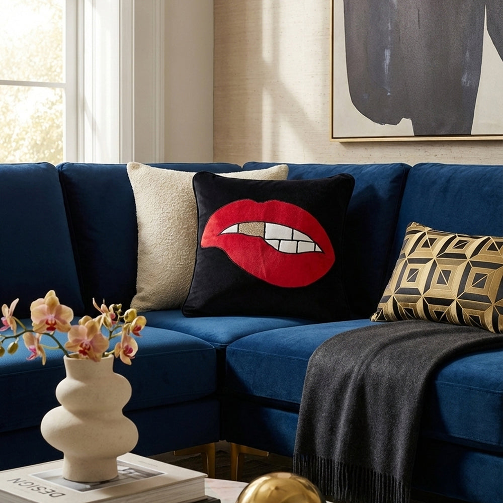 Black Velvet & Appliqué 'Biting Lips' Cushion Cover