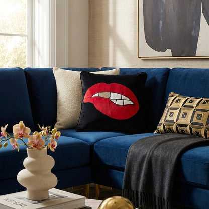 Black Velvet & Appliqué 'Biting Lips' Cushion Cover