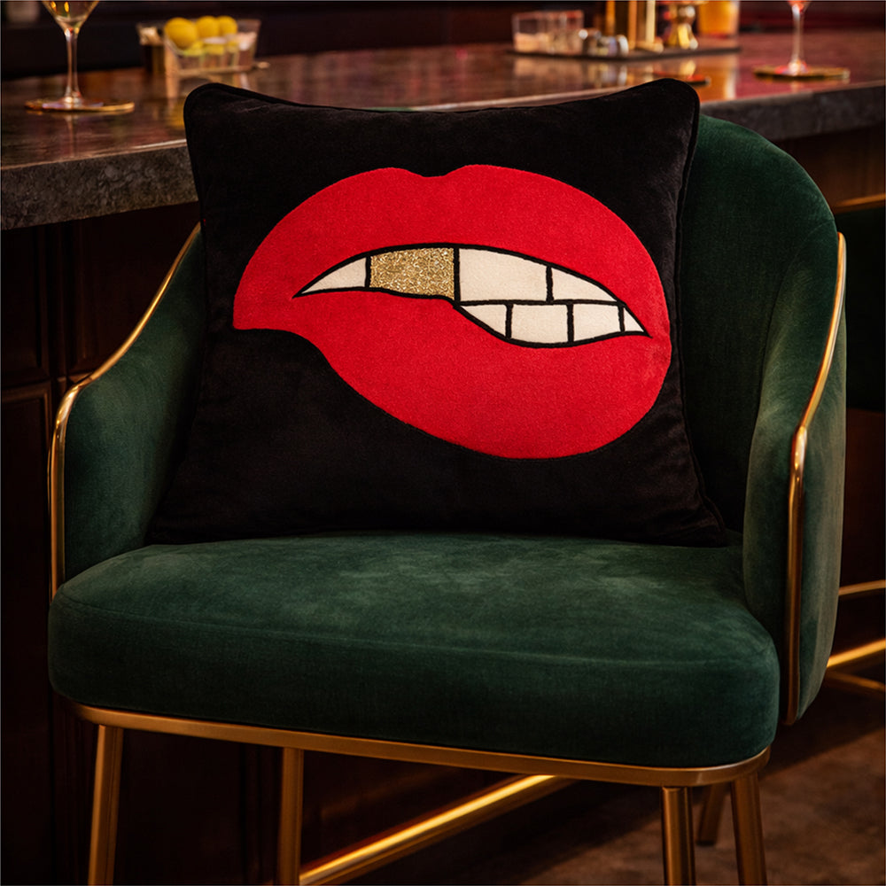 Black Velvet & Appliqué 'Biting Lips' Cushion Cover