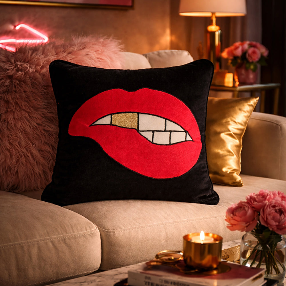Black Velvet & Appliqué 'Biting Lips' Cushion Cover