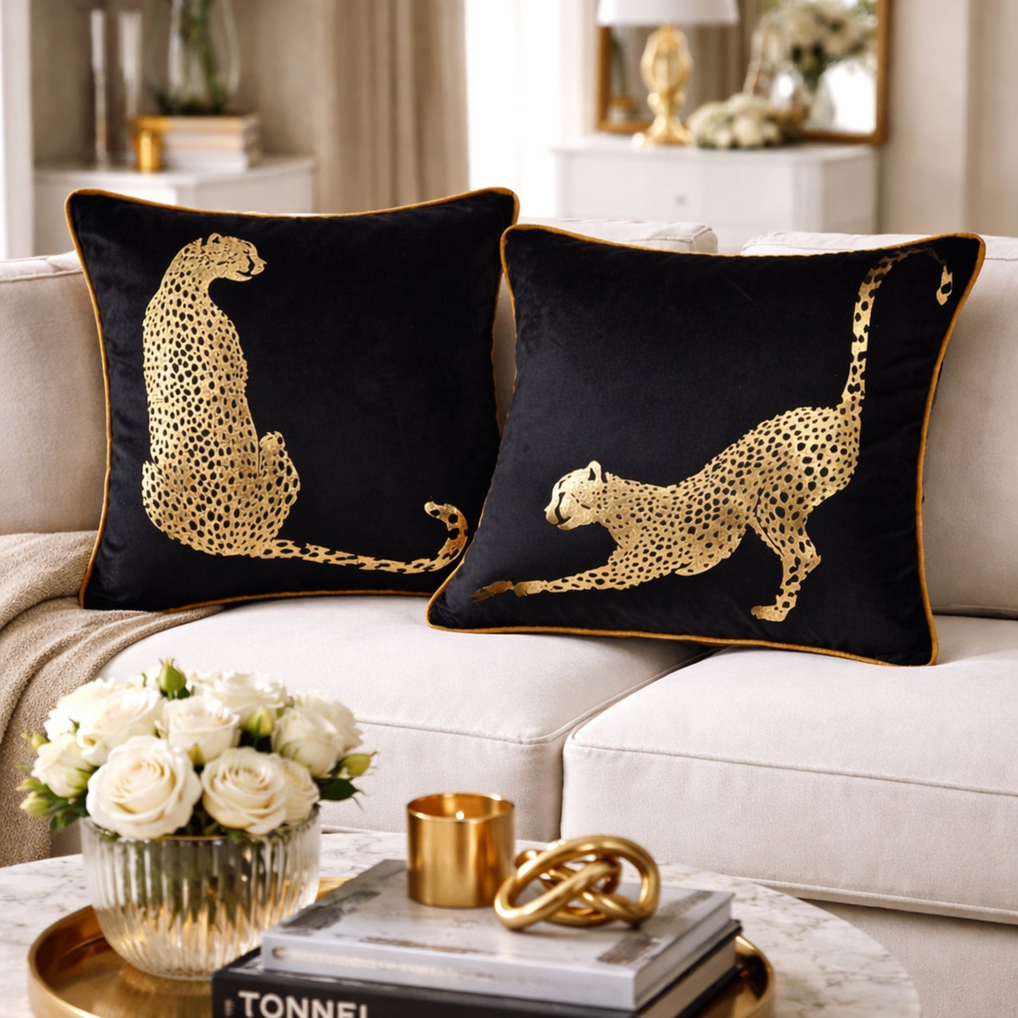 Nigeria - Black Velvet & Metallic Cheetah Cushion Covers | Set of 2