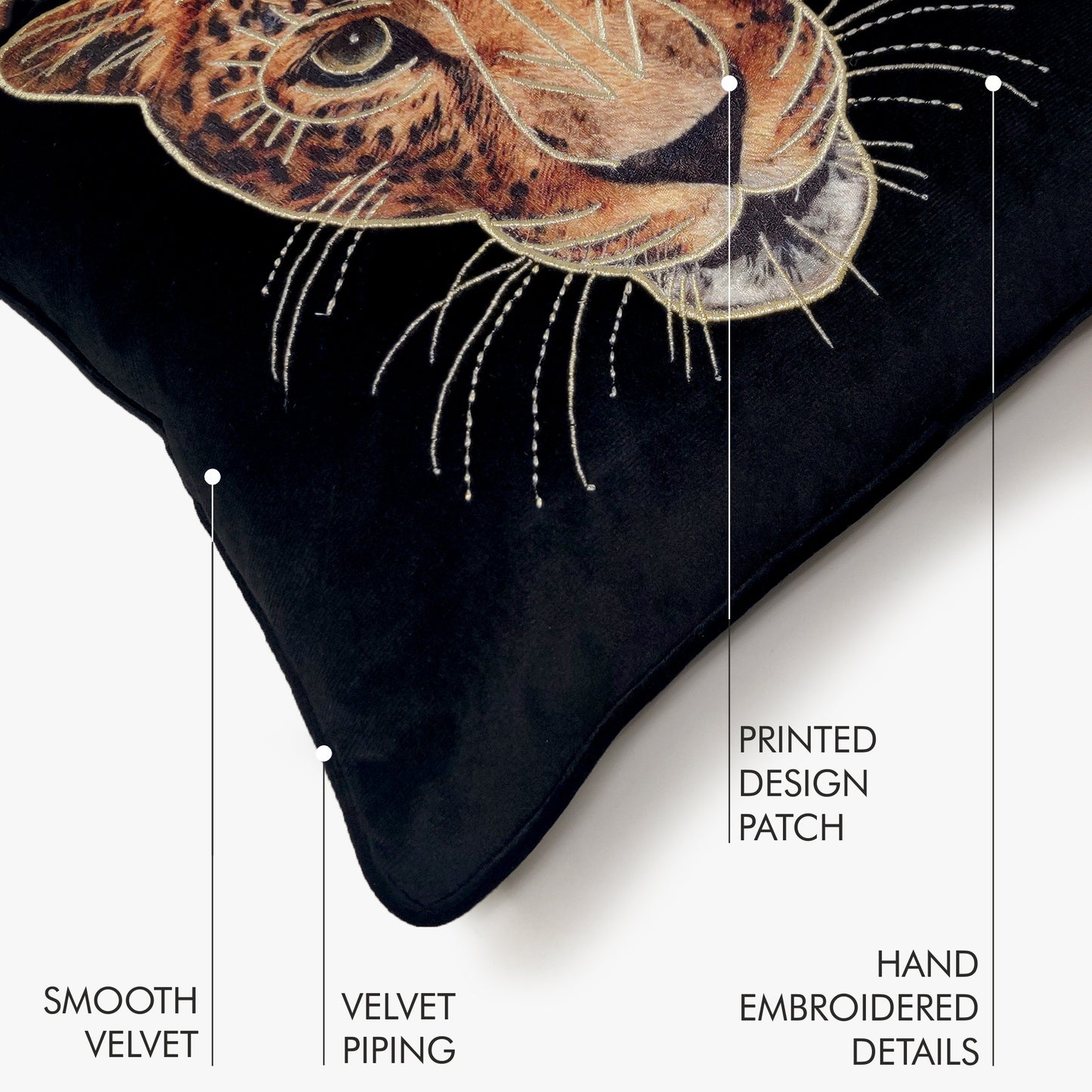 Jawai - Black Velvet & Embroidered Leopard Portrait Cushion Cover