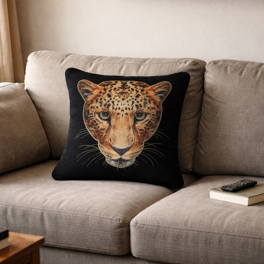 Jawai - Black Velvet & Embroidered Leopard Portrait Cushion Cover