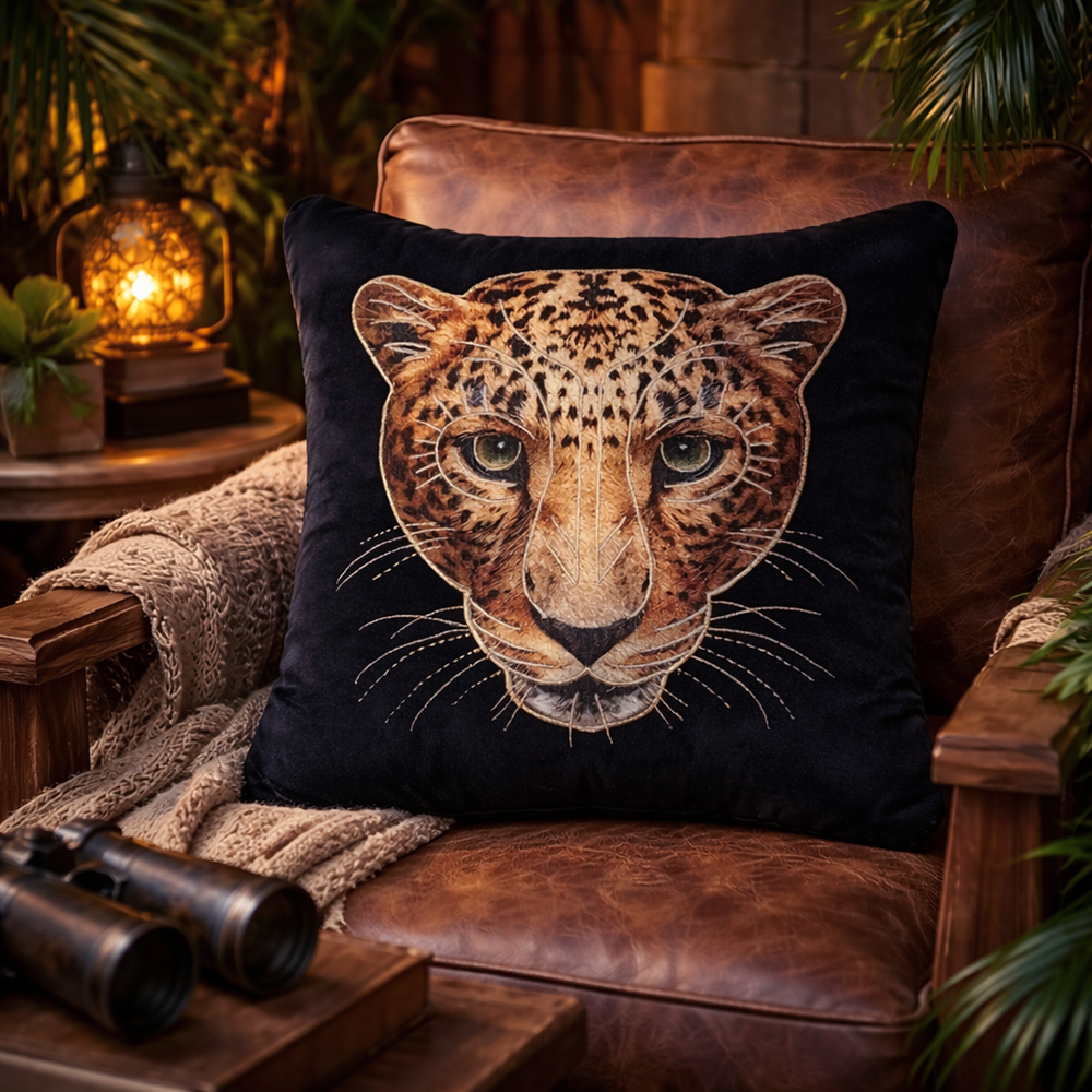 Jawai - Black Velvet & Embroidered Leopard Portrait Cushion Cover