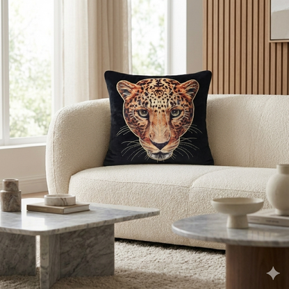 Jawai - Black Velvet & Embroidered Leopard Portrait Cushion Cover