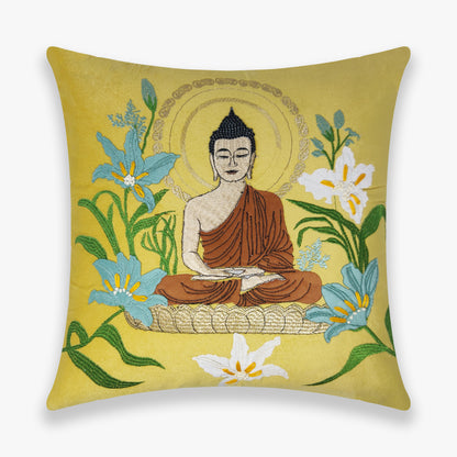 Meditating Buddha - Yellow Velvet & Embroidered Cushion Cover