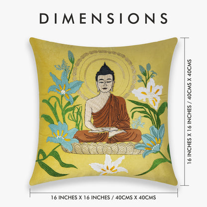 Meditating Buddha - Yellow Velvet & Embroidered Cushion Cover