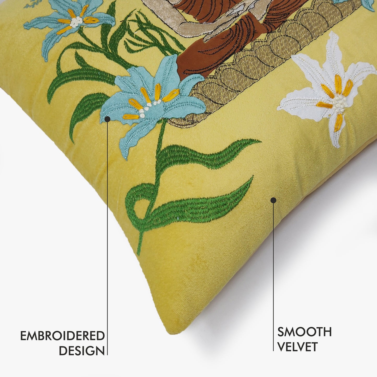 Meditating Buddha - Yellow Velvet & Embroidered Cushion Cover