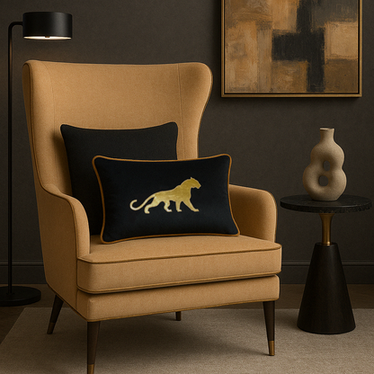 Catamount - Black Velvet & Gold Panther Lumbar Cushion Cover