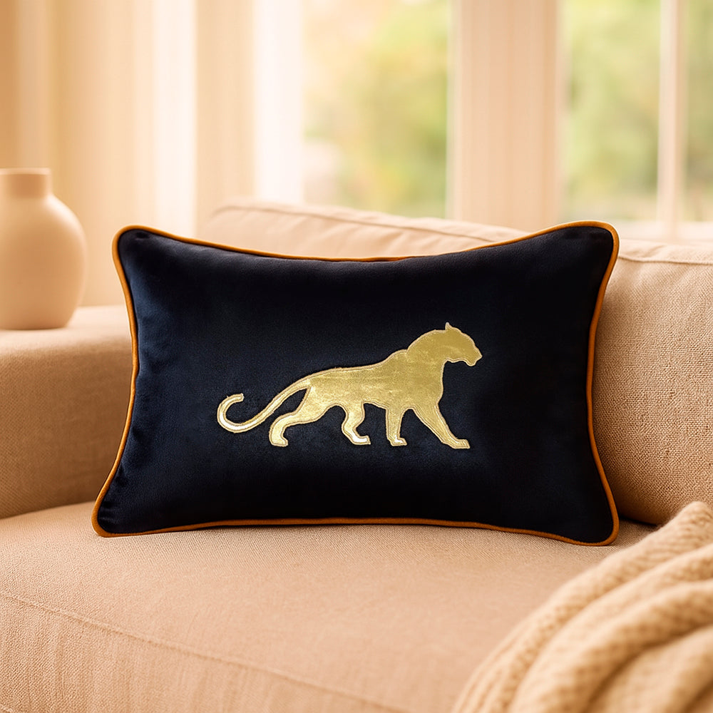 Catamount - Black Velvet & Gold Panther Lumbar Cushion Cover
