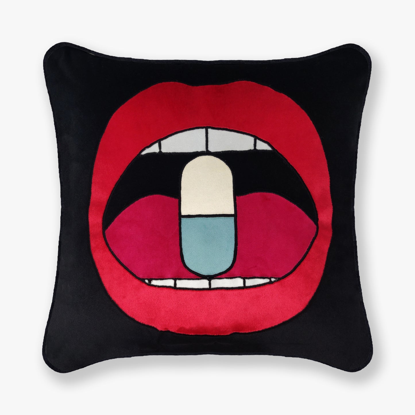 Black Velvet & Appliqué 'Chill Pill' Lips Cushion Cover
