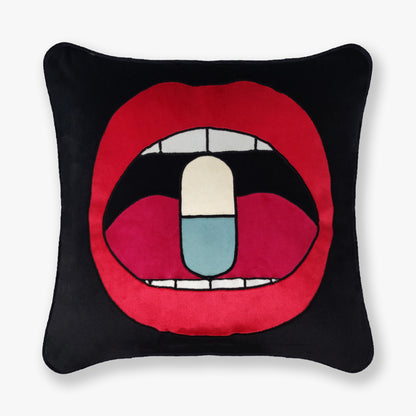 Black Velvet & Appliqué 'Chill Pill' Lips Cushion Cover