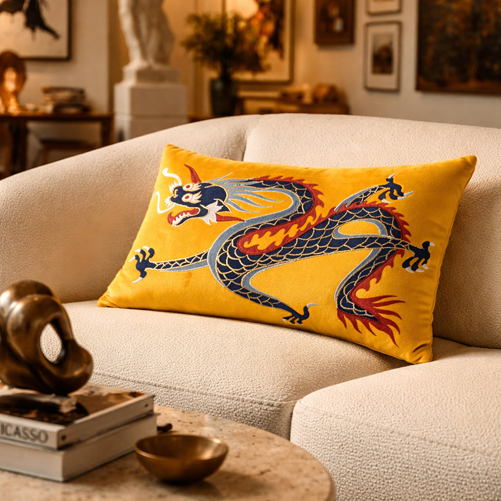 Yellow Velvet & Embroidered Dragon Lumbar Cushion Cover