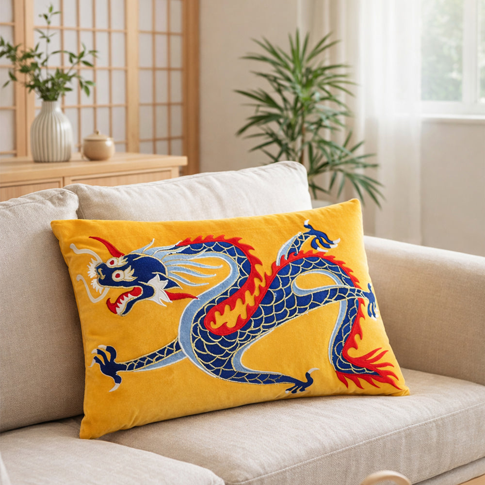 Yellow Velvet & Embroidered Dragon Lumbar Cushion Cover