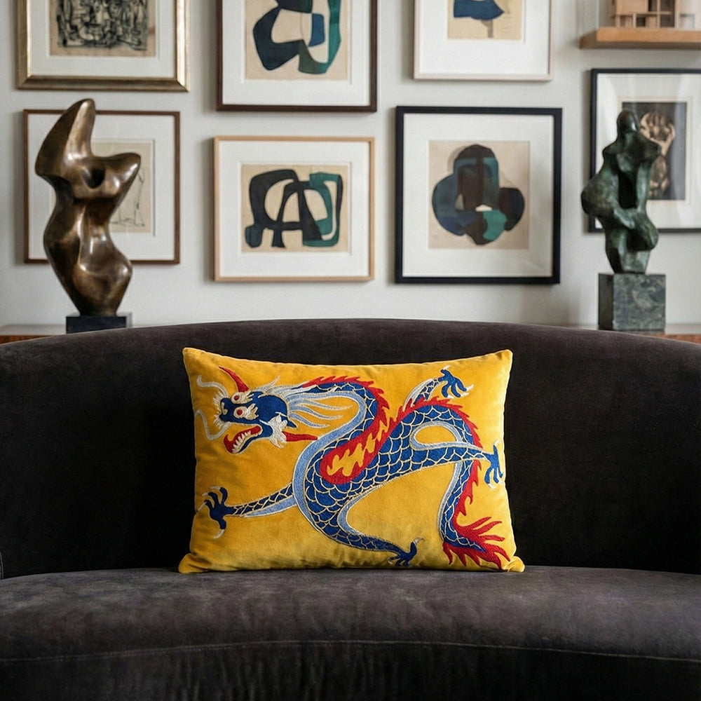 Yellow Velvet & Embroidered Dragon Lumbar Cushion Cover