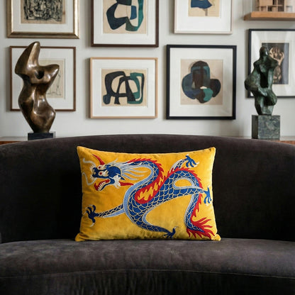 Yellow Velvet & Embroidered Dragon Lumbar Cushion Cover