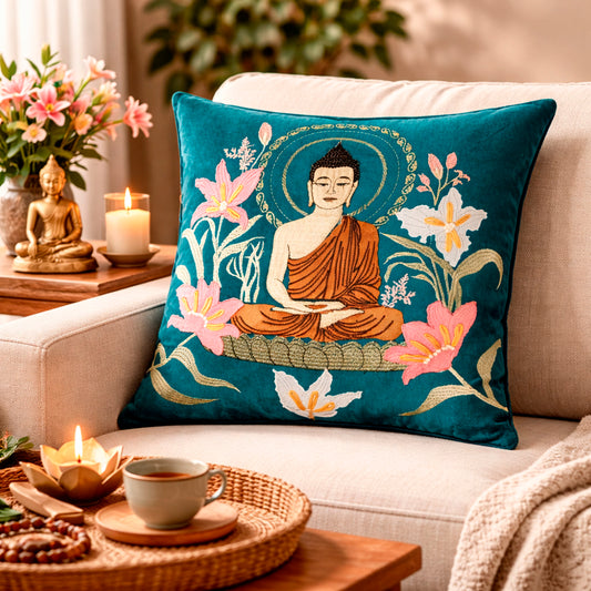 Teal Velvet & Embroidered Meditating Buddha Cushion Cover