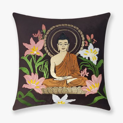 Meditating Buddha - Deep Espresso Velvet & Embroidered Cushion Cover