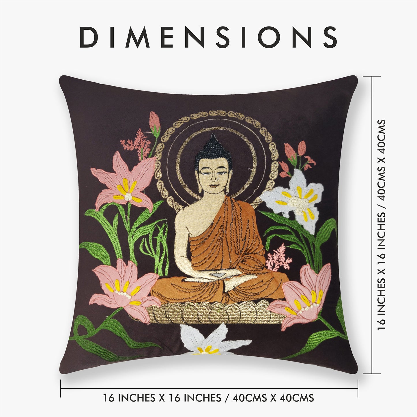 Meditating Buddha - Deep Espresso Velvet & Embroidered Cushion Cover