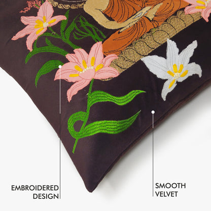Meditating Buddha - Deep Espresso Velvet & Embroidered Cushion Cover