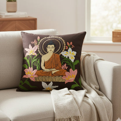 Meditating Buddha - Deep Espresso Velvet & Embroidered Cushion Cover