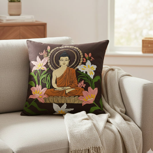 Meditating Buddha - Deep Espresso Velvet & Embroidered Cushion Cover