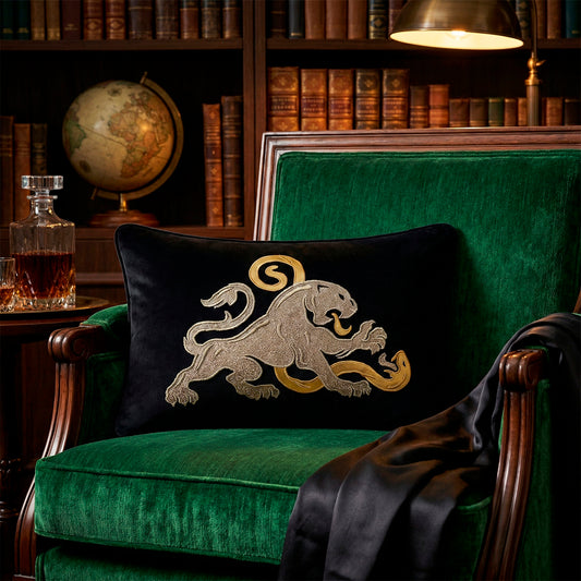Black Velvet & Metallic Lion vs Serpent Lumbar Cushion Cover