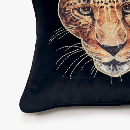 Jawai - Black Velvet & Embroidered Leopard Portrait Cushion Cover