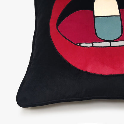 Black Velvet & Appliqué 'Chill Pill' Lips Cushion Cover