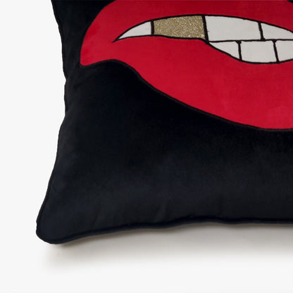 Black Velvet & Appliqué 'Biting Lips' Cushion Cover