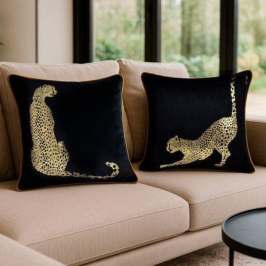 Nigeria - Black Velvet & Metallic Cheetah Cushion Covers | Set of 2