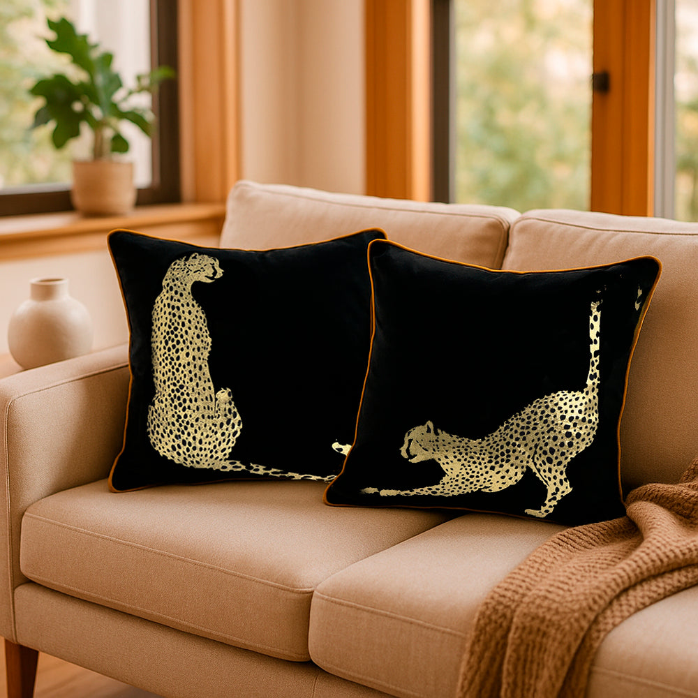 Nigeria - Black Velvet & Metallic Cheetah Cushion Covers | Set of 2