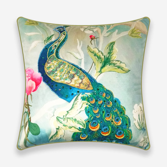 Mayura Beaded Peacock Cushion Cover